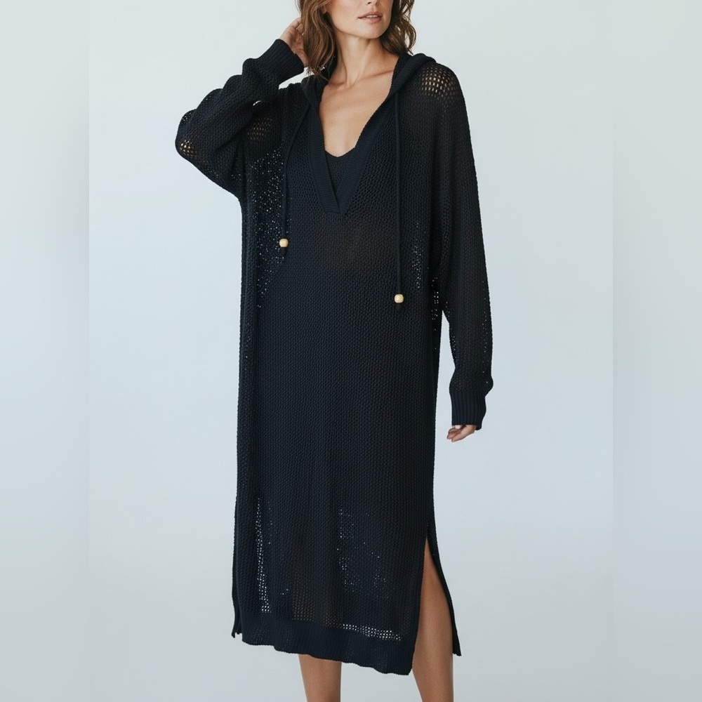 Tahari Black Hooded Long Swim Cover-Up Large